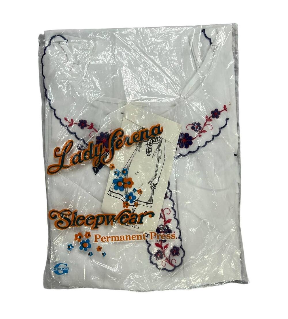 Vintage 60s Lady Serena Nightgown House Dress White Blue Floral Embroidery New